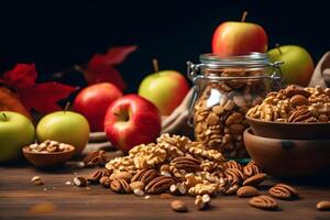 AI generated Autumn fall baking background with pumpkins, apples, nuts, food ingredients and seasonal spices, banner. Cooking pumpkin or apple pie and cookies for Thanksgiving and autumn holidays. photo