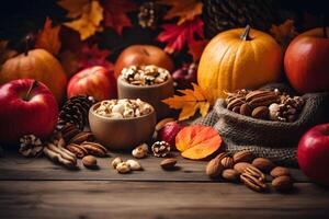 AI generated Autumn fall baking background with pumpkins, apples, nuts, food ingredients and seasonal spices, banner. Cooking pumpkin or apple pie and cookies for Thanksgiving and autumn holidays. photo