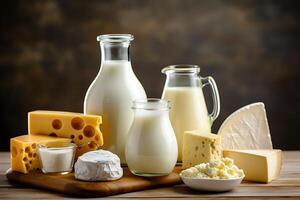 AI generated Assortment of different cheese and milk types on wooden background. photo