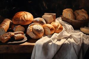 ai generado diferente tipos de un pan. panadería concepto. variedad de un pan cerca arriba. surtido de horneado un pan en de madera antecedentes. gluten gratis panes en de madera antecedentes. foto