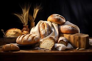 AI generated Different types of bread. Bakery concept. Variety of bread close up. Assortment of baked bread on wooden background. Gluten free breads on wooden background. photo