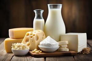 AI generated Assortment of different cheese and milk types on wooden background. photo