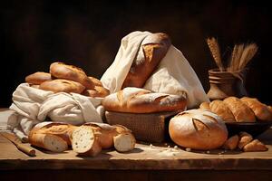 AI generated Different types of bread. Bakery concept. Variety of bread close up. Assortment of baked bread on wooden background. Gluten free breads on wooden background. photo