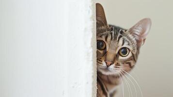 AI generated Savannah cat peeking around corner 4 photo