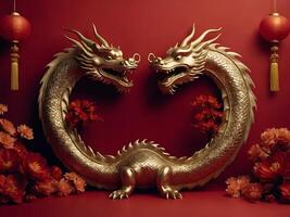 AI generated golden chinese dragon on red color background generative ai. Lunar New Year Concept photo