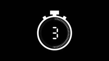 5 second countdown timer animation from 5 to 0 seconds. Modern white stopwatch countdown timer on black background video