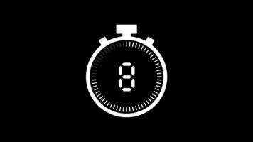 10 zweite Countdown Timer Animation von 10 zu 0 Sekunden. modern Weiß Stoppuhr Countdown Timer auf schwarz Hintergrund video