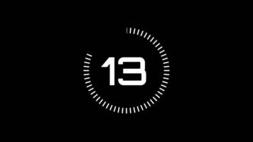 15 second countdown timer animation from 15 to 0 seconds. Modern white and black countdown timer on black background and white background. Pro Video