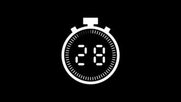 30 zweite Countdown Timer Animation von 30 zu 0 Sekunden, modern Weiß Stoppuhr Countdown Timer auf schwarz Hintergrund video