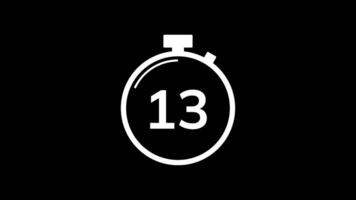15 second countdown timer animation from 15 to 0 seconds. Modern white and black stopwatch countdown timer on black background and white background. Pro Video