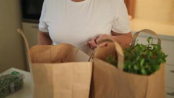 retrato do mulher desembalar papel caixa com Comida enquanto desfrutando Entrega a partir de agricultores mercado, cópia de espaço video