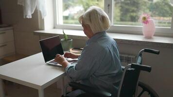 Confident happy businesswoman in wheelchair working at office desk and using a laptop, she is smiling at camera, disability overcoming concept. video