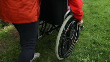 mundo cáncer día. cerca arriba de mayor hombre sentar en silla de ruedas durante caminar en parque con espacio de copia, maduro discapacitado antiguo hombre abuelo en carro o rueda silla, mayor invalidez concepto imagen video