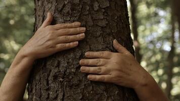 irriconoscibile donna abbracciare un' albero tronco nel estate foresta. concetto di cura per ambiente. video