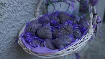 Fragrant dry lavender flowers in fabric bags for sale in the market in the city of Como, Italy video