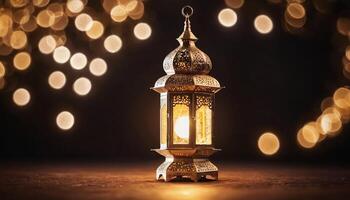 AI generated Ornamental and golden Arabic lantern with moon glowing night and glittering golden bokeh lights photo