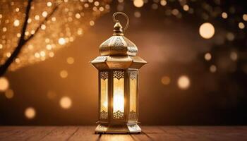 AI generated Ornamental and golden Arabic lantern with moon glowing night and glittering golden bokeh lights photo