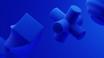 Abstract many blue shapes flying spin on blue background, looped , 4k resolution video