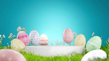 Decorated Easter eggs arrayed on grass with a white podium and blue background video