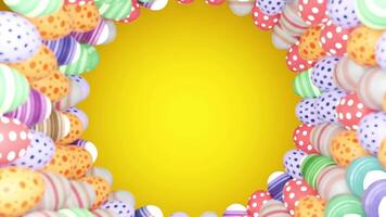 A bright yellow circle surrounded by multicolored Easter eggs with various patterns. video