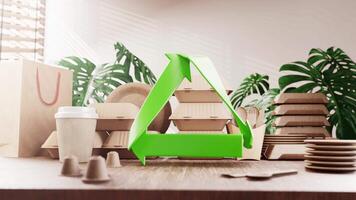 Respetuoso del medio ambiente embalaje materiales con un brillante verde reciclaje símbolo en frente video