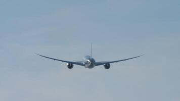 Cinematic shot of a jet plane with an unrecognizable livery taking off and climbing, rear view, long shot video