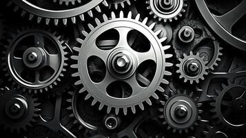 AI generated Retro black and white background of industrial cogs or gears with movement photo