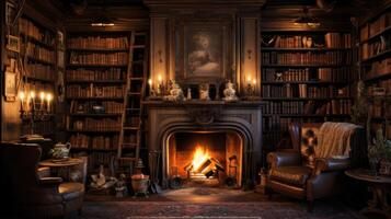 AI generated A cozy library with a fireplace and shelves of old books. A sense of nostalgia and intellectual calm. photo