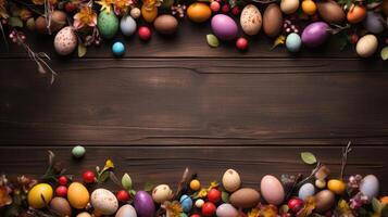 AI generated Easter eggs frame on wooden background photo