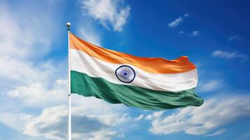 AI generated Indian flag waving on blue sky background photo