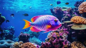 AI generated Fish over a coral reef in the sea. photo