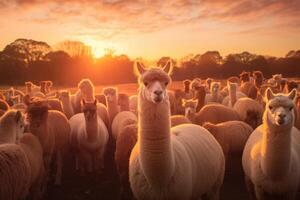 ai generado manada de alpacas a puesta de sol foto