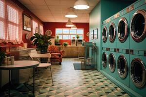 AI generated View inside a laundromat room with vintage decor and washing machines. photo