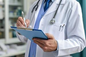 AI generated Male doctor writes notes on the clipboard in the hospital photo