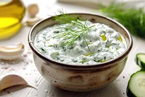 AI generated Traditional greek dip sauce or dressing tzatziki prepared with grated cucumber sour cream yogurt olive oil and fresh dill. photo