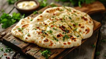 AI generated Indian naan bread with garlic butter on wooden table photo