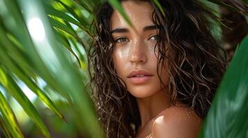 AI generated beautiful tanned girl with natural make-up and wet hair stands in the jungle among exotic plants. photo