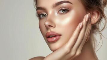AI generated Beautiful model girl with a French manicure nails. Woman Fashion makeup and care for hands cosmetics. Facial treatment . Cosmetology,beauty and spa. Skin care photo