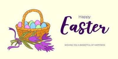 Happy Easter Day holiday horizontal banner with colorful eggs in basket. Traditional spring religious celebration greeting card. Vector eps drawing festive poster