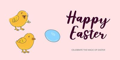 Happy Easter Day holiday horizontal banner with cute chickens and colored egg. Traditional spring religious celebration greeting card. Vector eps drawing festive poster