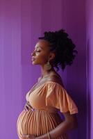 AI generated studio photo portrait of beautiful dark skin african american pregnant woman on colour background