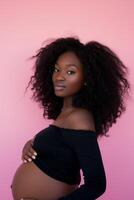 AI generated studio photo portrait of beautiful dark skin african american pregnant woman on colour background