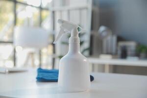 Cleaning lady with a bucket and cleaning products before washing the floor. photo