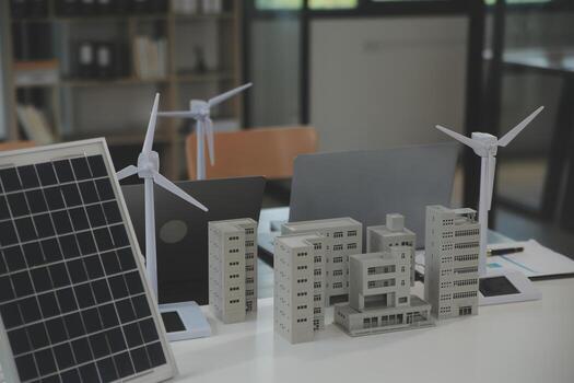 Close-up at tablet, Engineers pointing at tablet with their hands. To jointly design the use of renewable energy with wind and solar energy. Concept of using renewable energy. photo