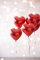 AI generated Stylish Red Metallic Valentine Heart Balloons on a plain white graphic background Valentines Day Romantic Bokeh Soft Lighting photo