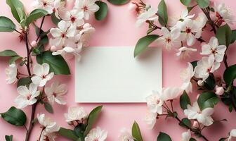 AI generated spring plant mockup copy space on colorful flowers on light pink background. spring flat lay photo