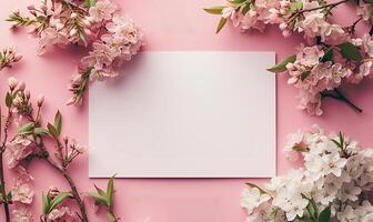 AI generated spring plant mockup copy space on colorful flowers on light pink background. spring flat lay photo