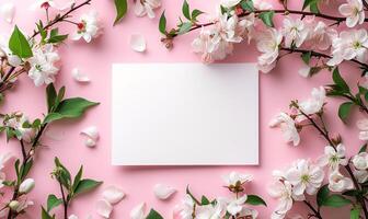 AI generated spring plant mockup copy space on colorful flowers on light pink background. spring flat lay photo