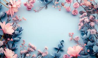 AI generated spring mockup copy space on colorful flowers. spring flat lay photo