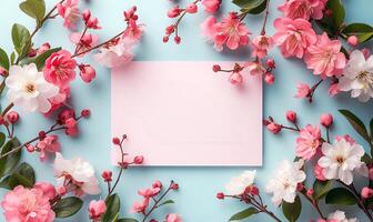 AI generated spring mockup copy space on colorful flowers. spring flat lay photo